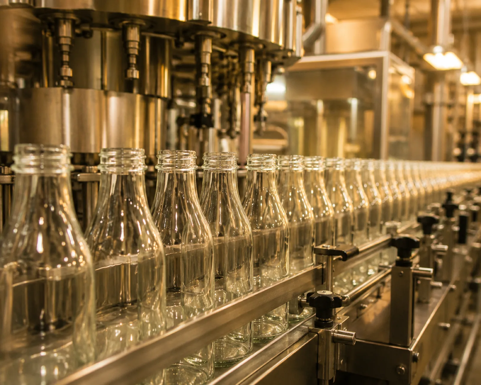 Empty glass bottles moving through the Fruvita bottling line