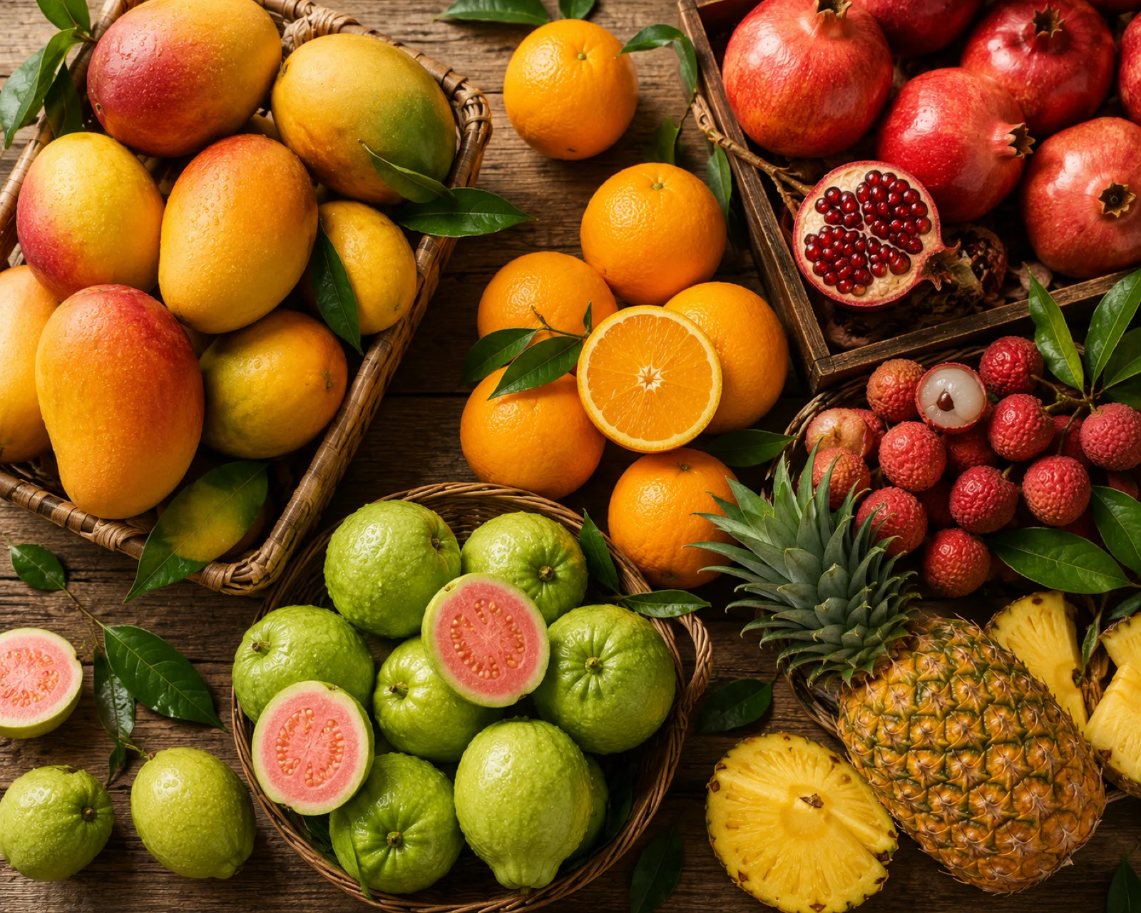 Fresh mangoes, guavas, oranges, pomegranates, lychees, and pineapple sourced for Fruvita juices